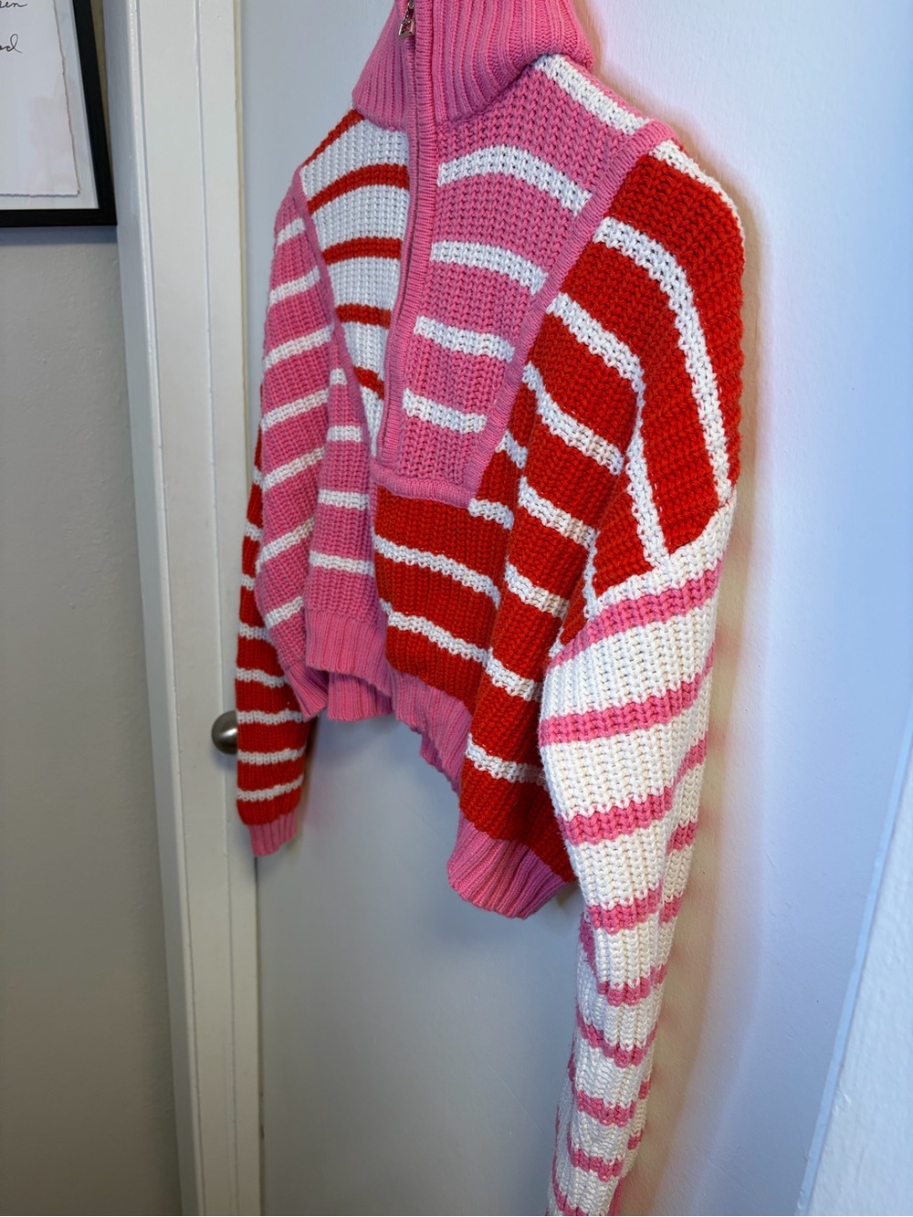 Altar’d State Pink Red Striped Quarter Zip Sweater M Cropped Colorblock Knit - Picture 5 of 15